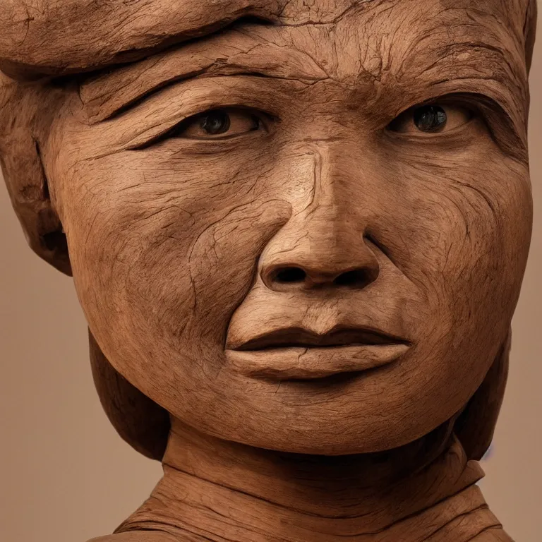 Image similar to public sculpture minimalist bust portrait of a powerful navajo woman, beautiful symmetrical face accurate face detailed face realistic proportions, carved out of juniper wood on a pedestal by stephan balkenhol and martin puryear, hyperrealistic dramatic lighting shocking detail trending on artstation 8 k