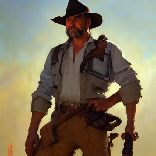 Image similar to greg manchess portrait painting of partially armored indiana jones as overwatch character, medium shot, asymmetrical, profile picture, organic painting, sunny day, matte painting, bold shapes, hard edges, street art, trending on artstation, by huang guangjian, gil elvgren, ruan jia, randy vargas, greg rutkowski