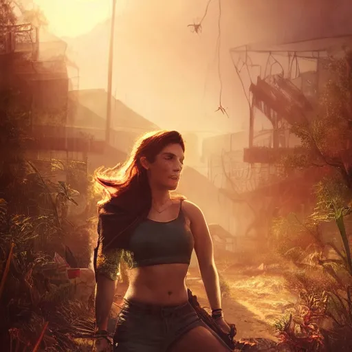 Image similar to fallout 5, charismatic beautiful rugged brunette female protagonist, portrait, outdoors tropical cityscape, atmospheric lighting, painted, intricate, volumetric lighting, beautiful, daytime, sunny weather, few clouds, sharp focus, deep colours, ultra detailed, by leesha hannigan, ross tran, thierry doizon, kai carpenter, ignacio fernandez rios