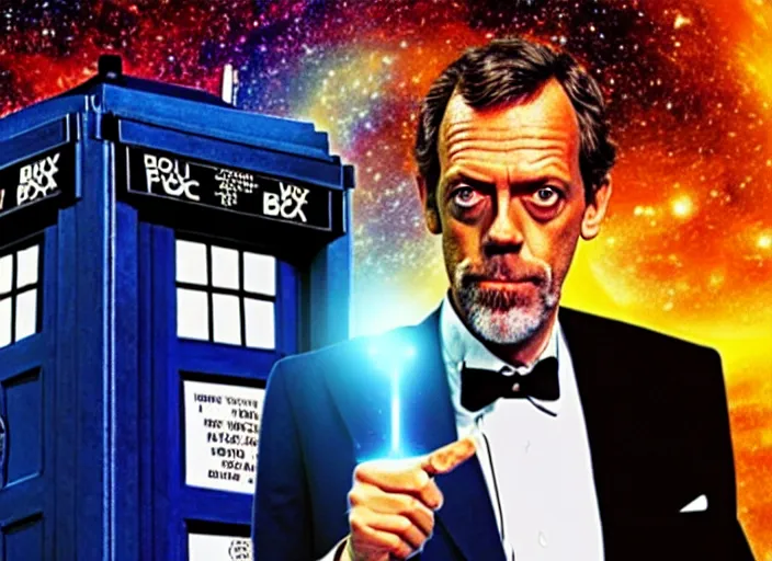 Image similar to product photo still of vhs cover of hugh laurie as doctor who in front of a nebula through the open door of the tardis on a vhs box