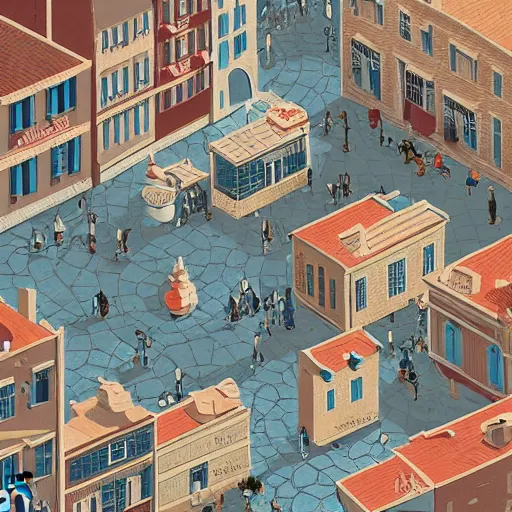 Image similar to dream isometric view illustration of a medieval Marseille street corner, highly detailed, mid day by Victo Ngai and James Gilleard