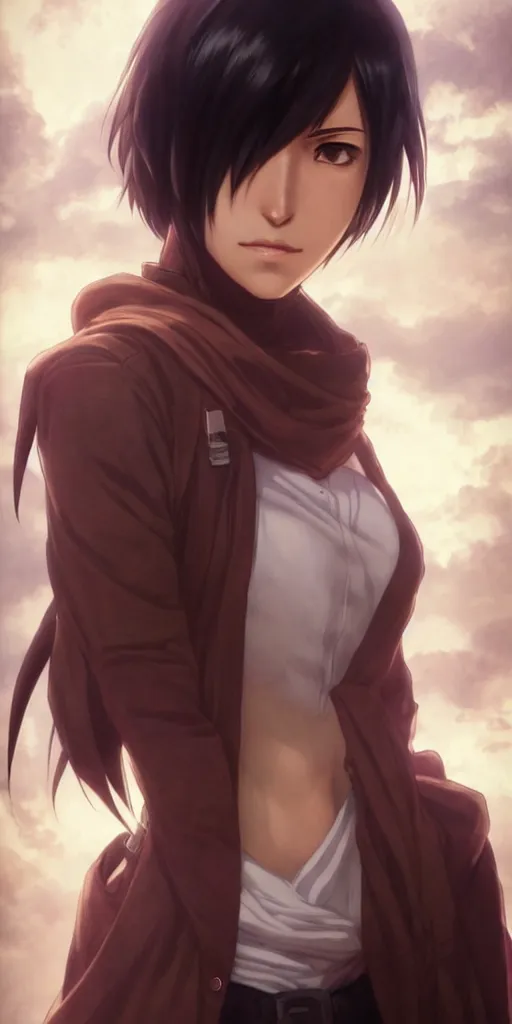 Image similar to mikasa ackerman, hero pose, medium shot, bokeh, beautiful face!!!!, 2 7 years old, cg animation, lifelike, animated, realistic, character select portrait, by artgerm, greg rutkowski, alphonse mucha, 3 d