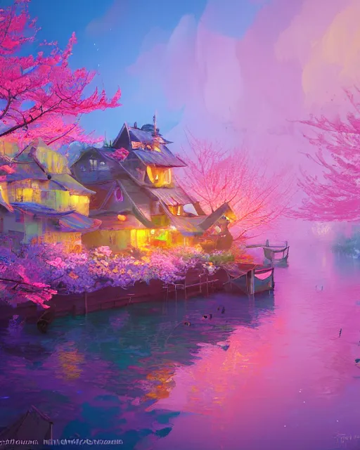 Image similar to a small fishing village on the river | cherry - blossoms | highly detailed | very intricate | serene romantic fantasy whimsical magical | professional cinematic lighting | pixar | award - winning | matte painting by anton fadeev and paul lehr and rhads and alena aenami | pastel color palette | featured on artstation