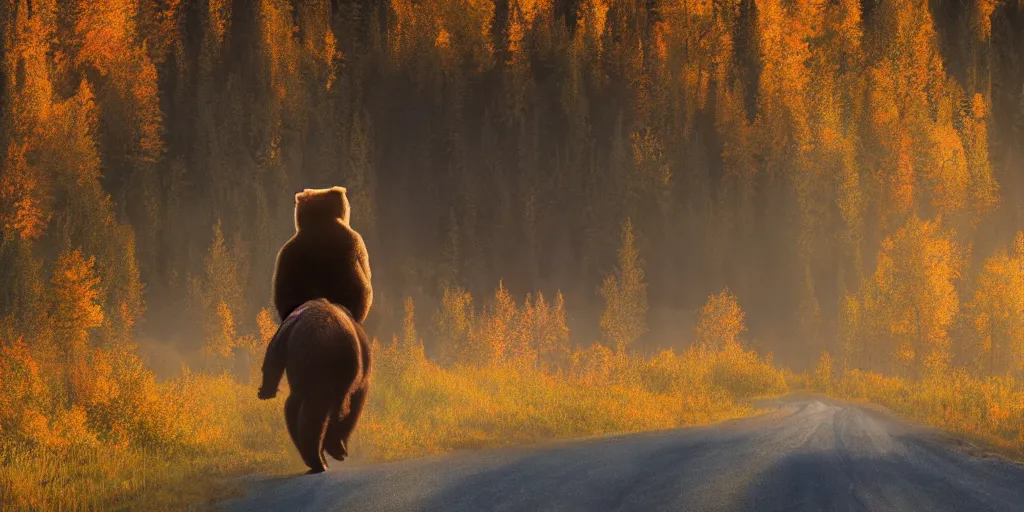 Image similar to back of bob ross riding on the back of brown bear in alaska at fall season, outdoor lighting, realistic, photo, national geographic photo, volumetric, fog