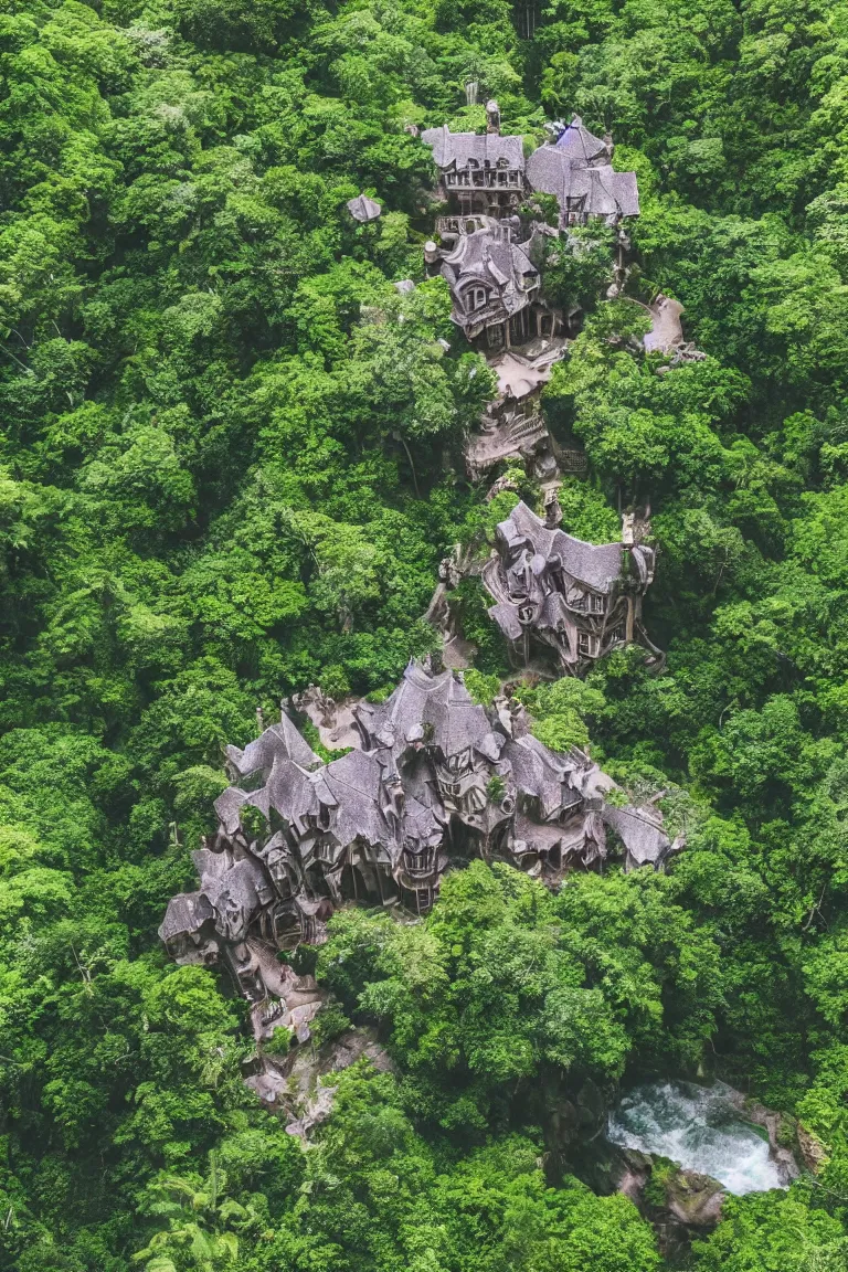 Image similar to a victorian mansion carved into a huge tree beside a waterfall in a dense jungle | cinematic