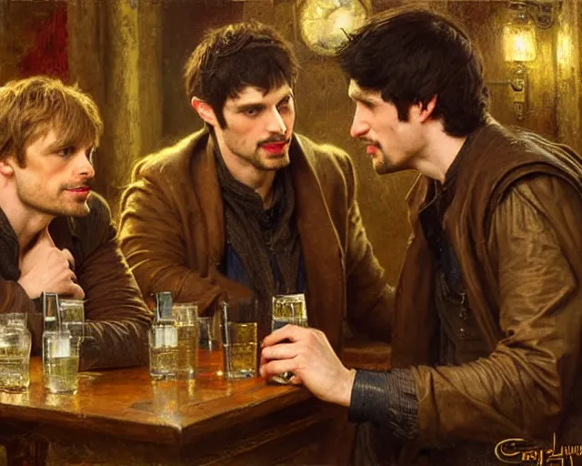 Prompt: attractive bradley james and attractive colin morgan go to a pub to have some drinks. highly detailed painting by gaston bussiere, craig mullins, j. c. leyendecker 8 k