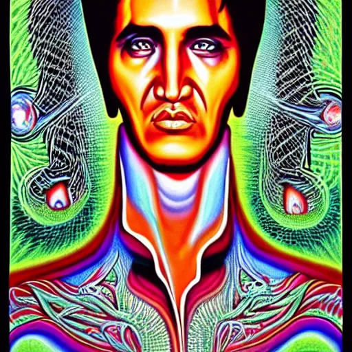 Image similar to “Elvis in the style of Alex Grey”