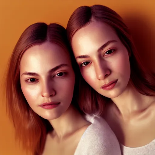 Image similar to intricate beautiful hyperreal portrait of identical twin women, smiling softly, casual clothes, relaxing on the couch, home interior, golden hour, close up shot, 8 k, art by irakli nadar, hyperrealism, hyperdetailed, ultra realistic