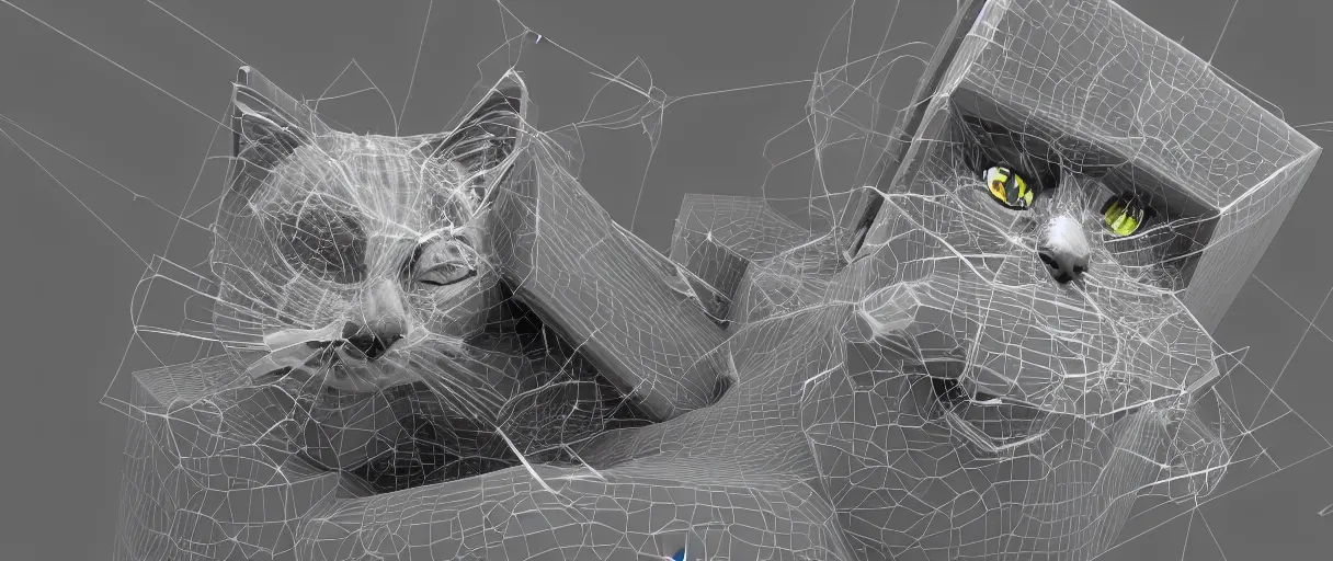 Image similar to 3 d render of schrodinger's cat in a box beeing dead and alive at the same time, paradox, quantum superposition, waves and particles, wave function, scifi style, concept art, high detail, artsation 4 k