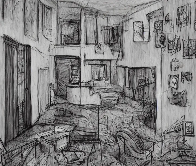Image similar to An apartment interior at night, rotoscoped, rotoscope, photoshop, photomanipulation, realism, painting, illustration and sketch, weird scribbles, hybrid styles, hybrid art styles, mismatched, trending on artstation, trending on deviantart, weird, quirky, interesting, very detailed, highly detailed, HD Quality, 4k resolution, 8k resolution, in the style of David Firth, in the style of James Lee, in the style of Drue Langlois,