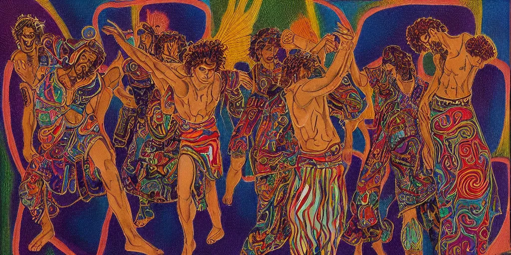 Prompt: an abstract spiritual background, a punk greek god dancing, clear eyes. 2 4 mm, photorealistic, muted color scheme, directed by mati klarwein