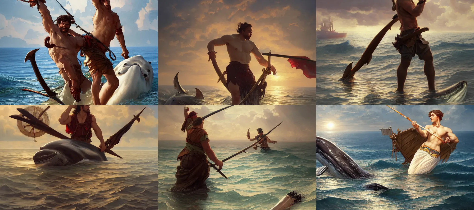 Prompt: man with harpoon and whale at sea, elegant, sun shines in the sky, blood in the seahighly, detailed, digital painting, artstation, concept art, smooth, sharp focus, illustration, art by artgerm and greg rutkowski and alphonse mucha