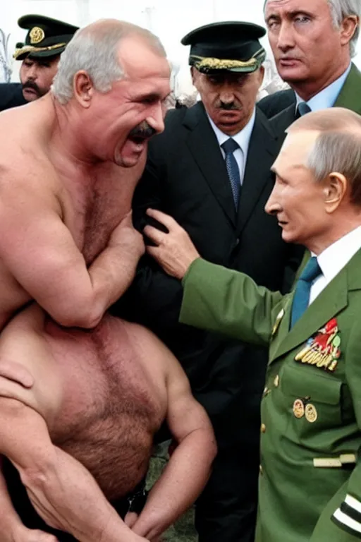 Image similar to human centipede with lukashenko putin gaddafi in roles