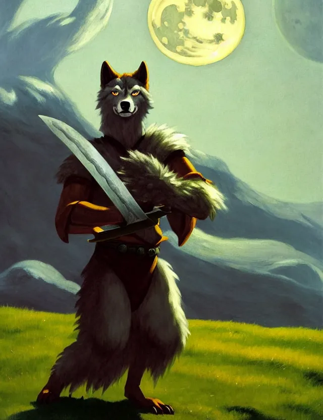 Prompt: a bipedal wolf that is wearing full iron plate armor, and holding a giant sword and wooden round shield, as a matte oil painting and d & d character art, by edward hopper, fluffy tail, full moon, cumulus clouds, nebula, award - winning, extremely detailed, 4 k,