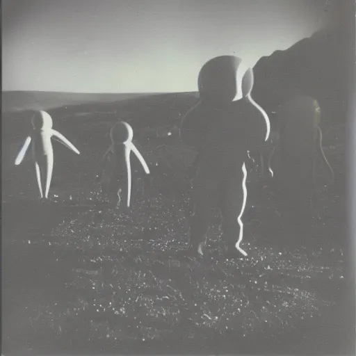 Image similar to polaroid photograph of horrorific extraterrestrial beings visiting earth, 1 9 5 0