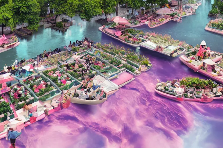 Image similar to futuristic floating markets of singapore river along boat quay turquoise and pink river during sakura tree season on thermal waters flowing down white travertine terraces during interstellar aurora borealis, gold waterfalls, vendors, festivals, fun, by peter mohrbacher, james jean, james gilleard, greg rutkowski, vincent di fate, rule of thirds, octane render, beautiful landscape