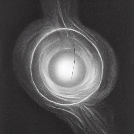 Image similar to a beautiful illustration of a black hole. this hole appears to be a portal to another dimension or reality, and it is emitting a bright, white light. there are also stars and other celestial objects around it. charcoal, botanical illustration by daniel jaems weary