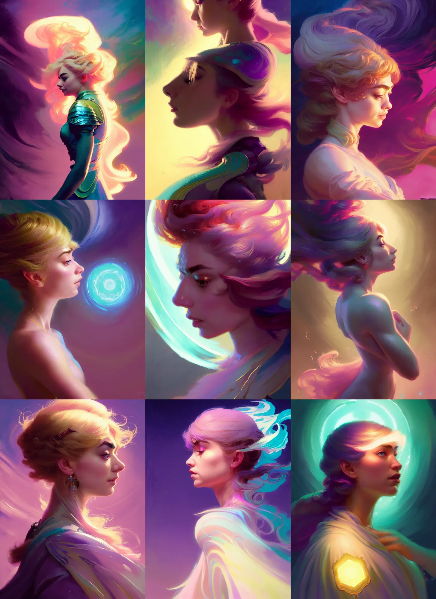 Prompt: side portrait, imogen poots, paladin, fantasy, gloomhaven, luminescent, colorful swirly ripples, pastel colors, by greg manchess, huang guangjian, gil elvgren, sachin teng, greg rutkowski, jesper ejsing, ilya kuvshinov