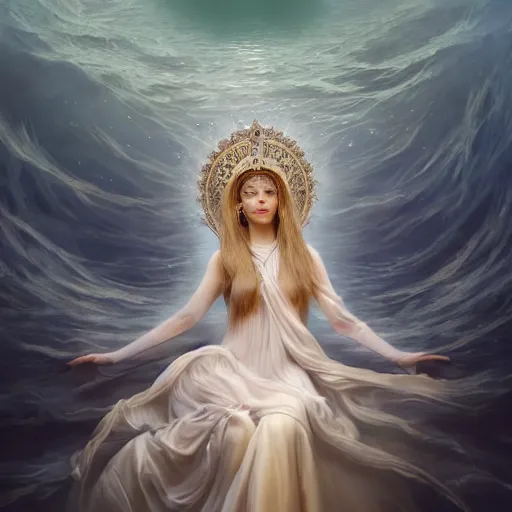 Image similar to breathtakingly detailed concept art painting full body painting, goddess floating on the sea bottom, blond hair in white sheer dress, orthodox saint ornate background, created by hsiao - ron cheng, very moody lighting, 8 k