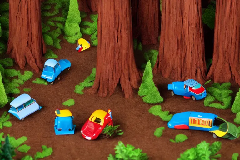 Image similar to fisher price redwood forest, california scene from tv show 5 5 mm 8 5 mm, toy photography, made out of plastic