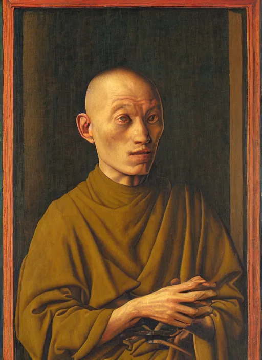 Image similar to a portrait of a monk using his mainframe by Jan van Eyck