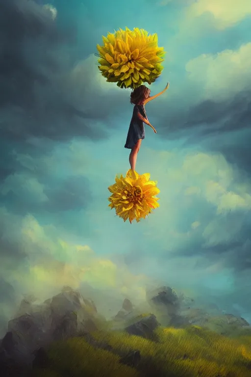 Image similar to closeup girl with huge yellow dahlia flower face, intricate, standing on mountain, surreal photography, blue storm clouds, dramatic light, impressionist painting, digital painting, artstation, simon stalenhag