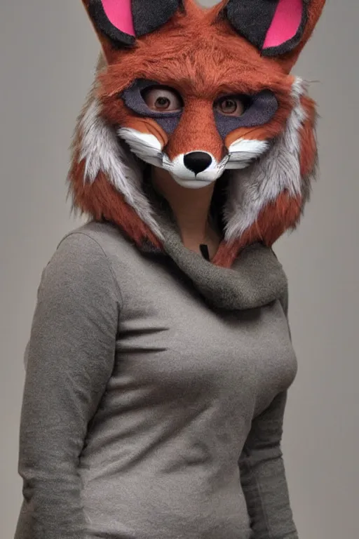 Image similar to photo of a woman in a realistic fox fursuit