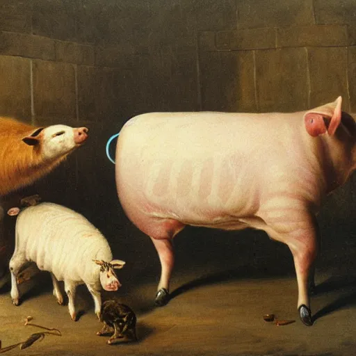 Image similar to butcher feeding a cat, while being watched by a pig, a sheep, a chicken and a cow