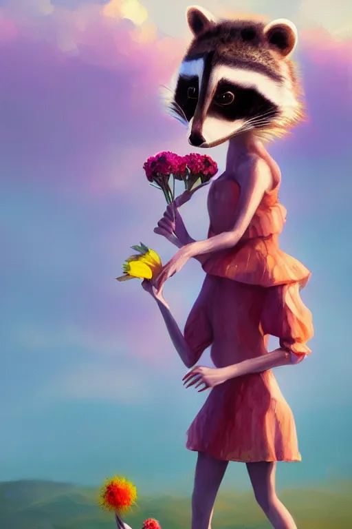 Image similar to beautiful female anthropomorphic raccoon wearing a dress on salt flats holding a flower, surreal photography, sunrise, dramatic light, impressionist painting, colorful clouds, digital painting, artstation, simon stalenhag