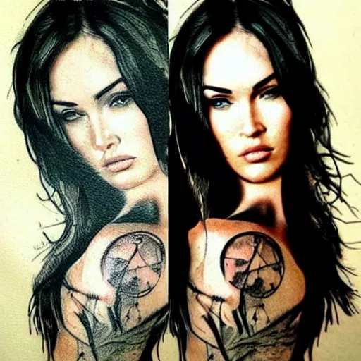 Image similar to realistic tattoo sketch of megan fox face double exposure effect with a mountain scenery, in the style of matteo pasqualin, amazing detail, sharp, faded