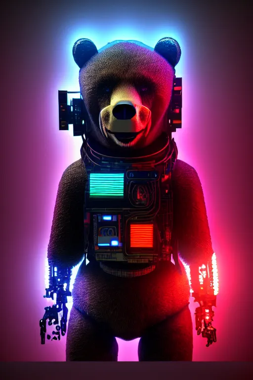 Prompt: high quality 3 d render cyborg bear! plays a cyberpun guitar, cyberpunk highly detailed, unreal engine cinematic smooth, in the style of blade runner, hannah yata charlie immer, moody light, low angle, uhd 8 k, sharp focus