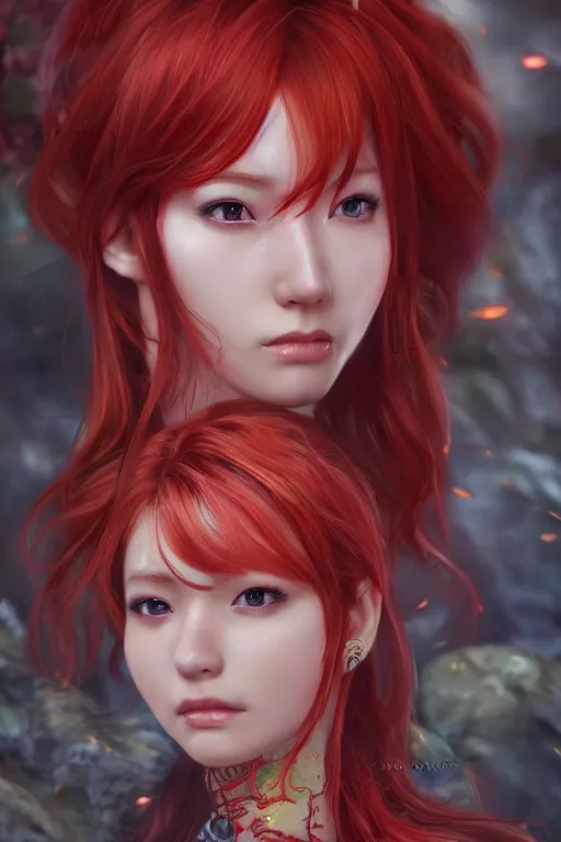 Prompt: highly detailed key visual concept portrait of a red hair beautiful girl in a genshin impact, fantasy illustration, by coco kim, photorealistic, unreal engine, detailed and intricate environment, trending on artstation