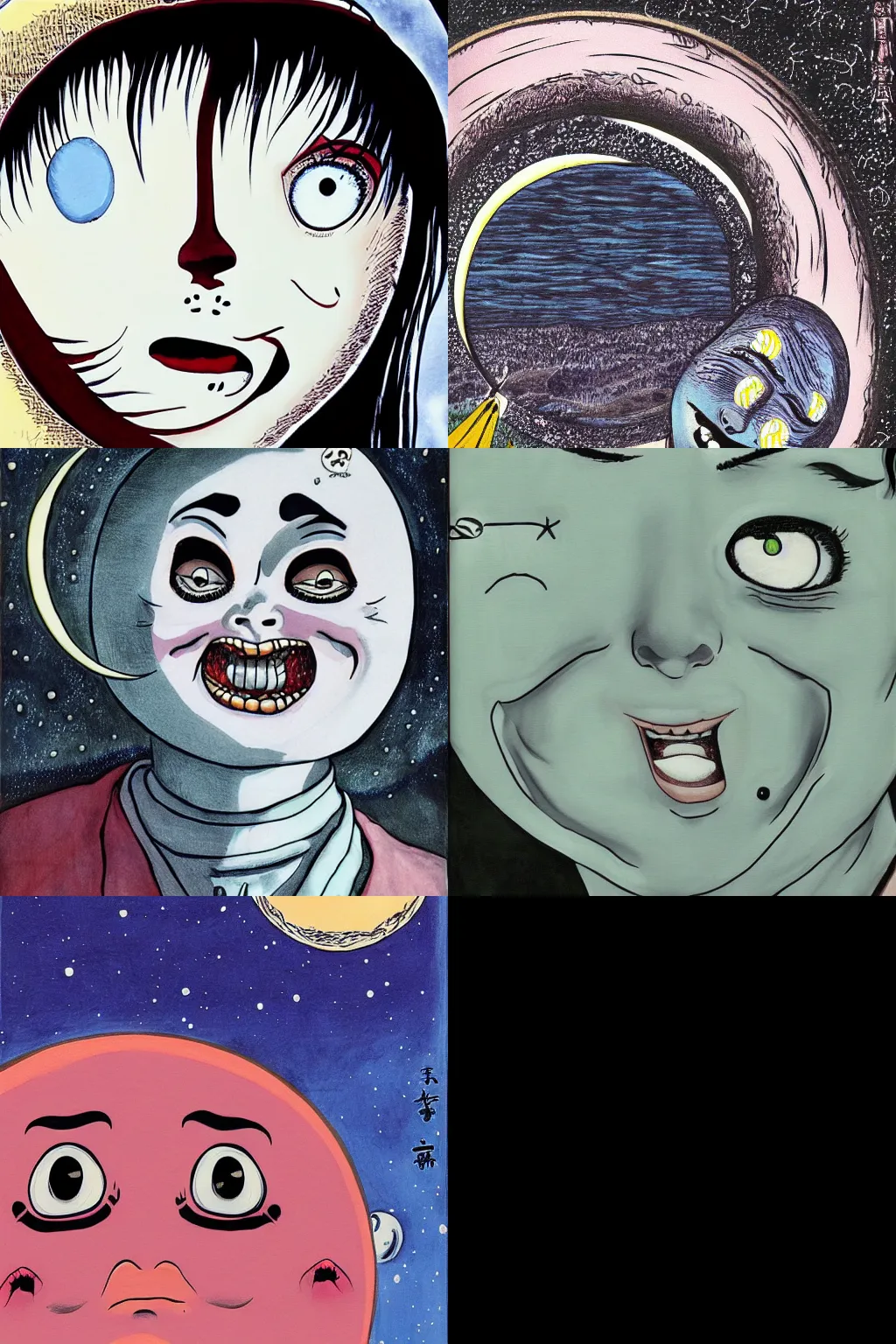 Prompt: The Moon smiling with a drool, painting by Junji Ito