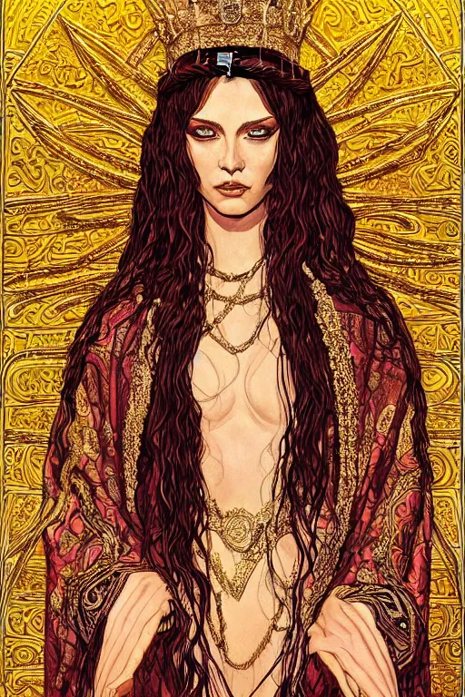 Image similar to Portrait of historically accurate, ancient biblical, sultry, sneering, evil, pagan, wicked, queen jezebel, wearing gilded robes, long hair, intricate, elegant, highly detailed, masterpiece, illustration, art by Jean Giraud, highly detailed, trending on artstation, award winning