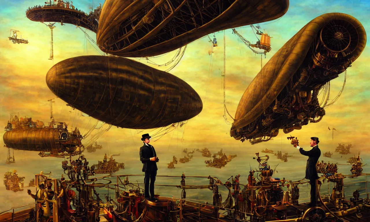 Image similar to close up of a gentleman navigator standing on deck of his steampunk zeppelin flying over a vast ocean of a very large language model, observing giant flying robot harvesters collecting data relations in the background, painted by josh kirby, ligne claire, very detailed and colorful, low light, sundown