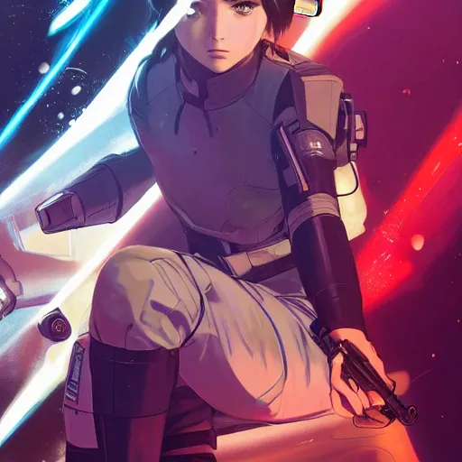 Image similar to A Beautiful young female sci-fi soldier , sitting holding her ray gun || VERY ANIME, fine-face, realistic shaded perfect face, fine details. Anime. realistic shaded lighting poster by Ilya Kuvshinov katsuhiro otomo ghost-in-the-shell, magali villeneuve, artgerm, Jeremy Lipkin and Michael Garmash, Rob Rey and Kentarõ Miura style, trending on art station