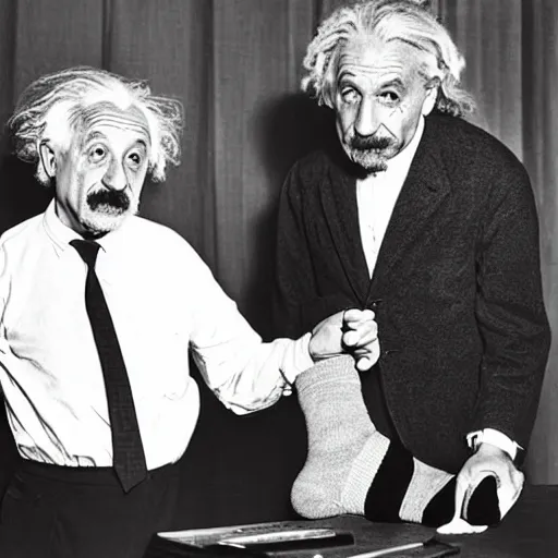 Image similar to Photograph of Albert Einstein having trouble choosing whether or not to wear white socks or black socks