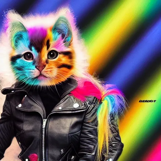 Image similar to wide angle full body, jacket wearing fluffy cute rainbow kitten wearing a black leather motorcycle jacket, cinematic concept art