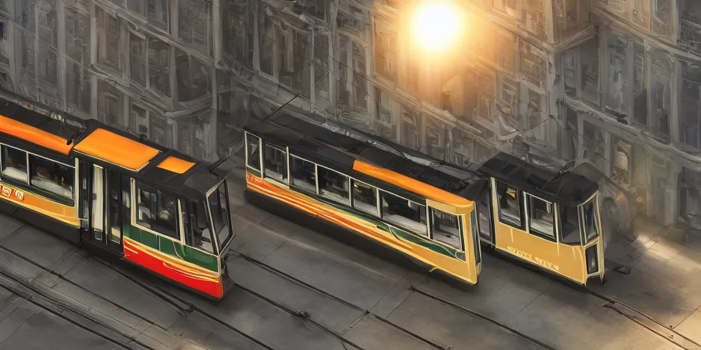 Image similar to triple decker tram, retro futuristic, volumetric lighting, photorealistic, daytime, sunny weather, sharp focus, ultra detailed, 4 0 0 0 k