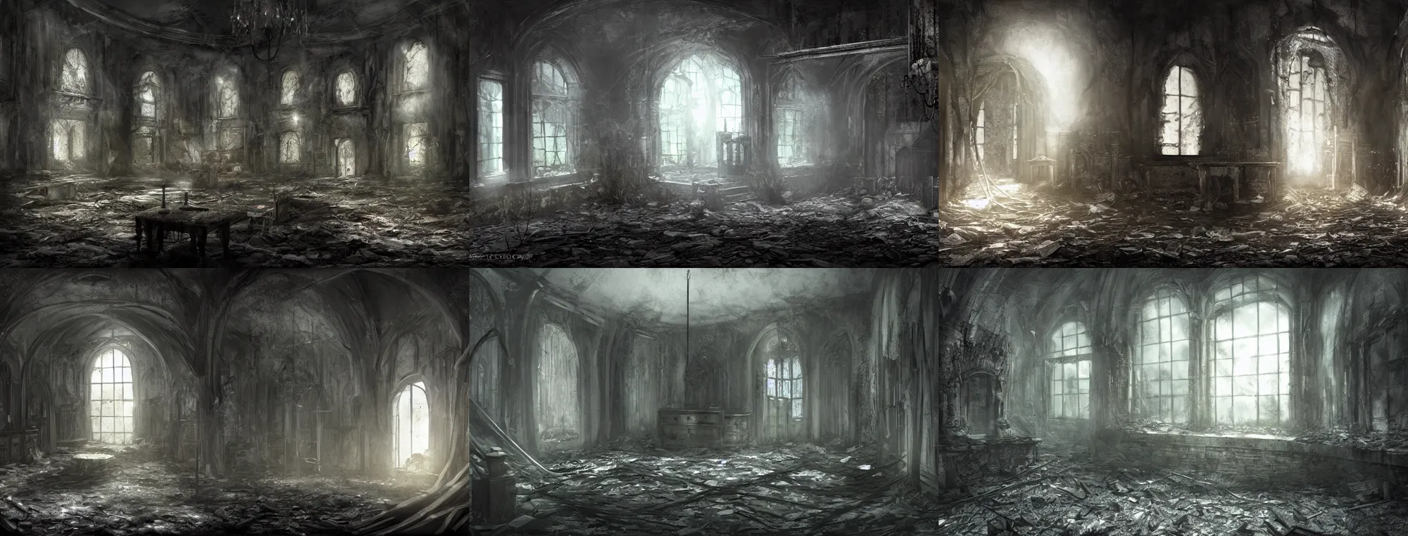 Prompt: Dark Souls concept art of the interior of an abandoned house, dark, wide shot, hyper realistic, 4k, artwork, digital art