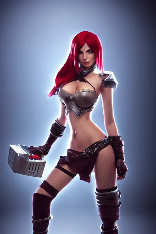 Image similar to Katarina from League of Legends holding a toaster, photorealistic full body, studio lighting, unreal engine 5, hyperrealistic, dynamic lighting, white ambient background, realistic, highly detailed