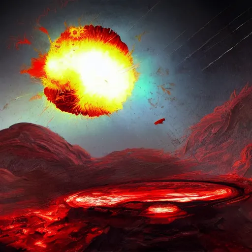 Prompt: red planetoid exploding, cracked, shattered, viewed from earth, concept art, high fantasy, extreme detail