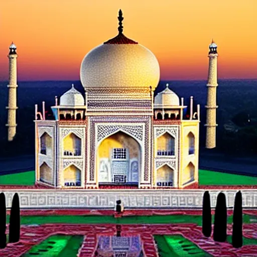 Prompt: Taj Mahal made of cheese, sunset