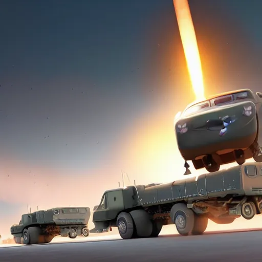 Prompt: HIMARS multiple rockets launch system, Pixar Cars character concept artwork, 3d concept, high detail iconic character, 8k octane render, overview