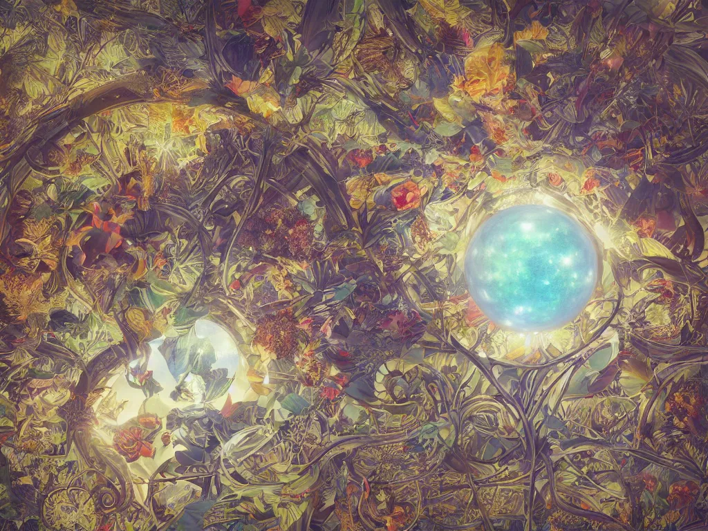 Image similar to 3 d render, sunlight study, the universe is a spheroid region 7 0 5 meters in diameter, art nouveau, by maria sibylla merian and ( ( ( ( ( lisa frank ) ) ) ) ), 8 k, sharp focus, octane render