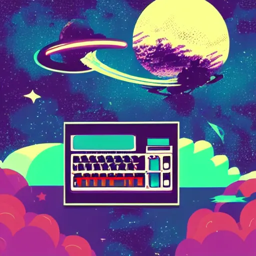 Prompt: flat synthwave illustration of a printer floating in space