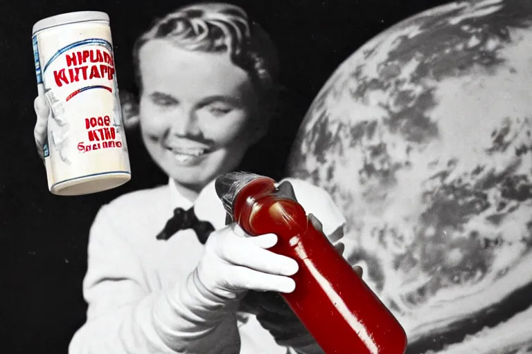 Prompt: a bottle of ketchup from 1960 in outer space