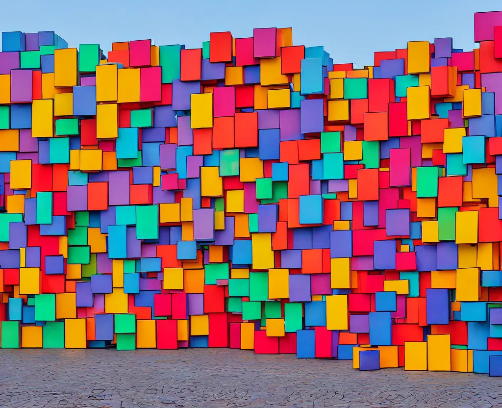Prompt: Art installation in the Wrocław main square, large colorful plastic blocks, morning, well lit, wide lense