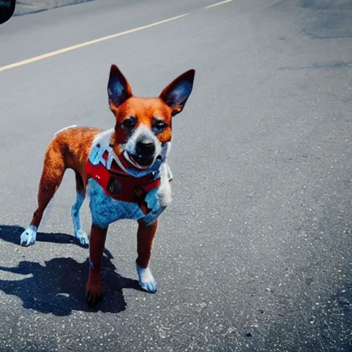 Image similar to blue heeler dog on a motorcycle, 8 k photography, blurred background of a wafflehouse