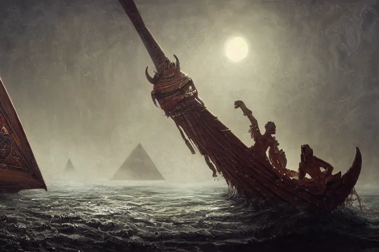 Prompt: an ancient egyptian papyrus boat sails on a primordial sea of chaos and a hideous frog headed deity Kek by Jessica Rossier and HR Giger